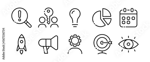 Business line icons set. Agreement, document, bullseye, statistics, team, rocket, achievements, career, diplomat, declaration, signature, order, statement. Job concept. Vector black line icons set