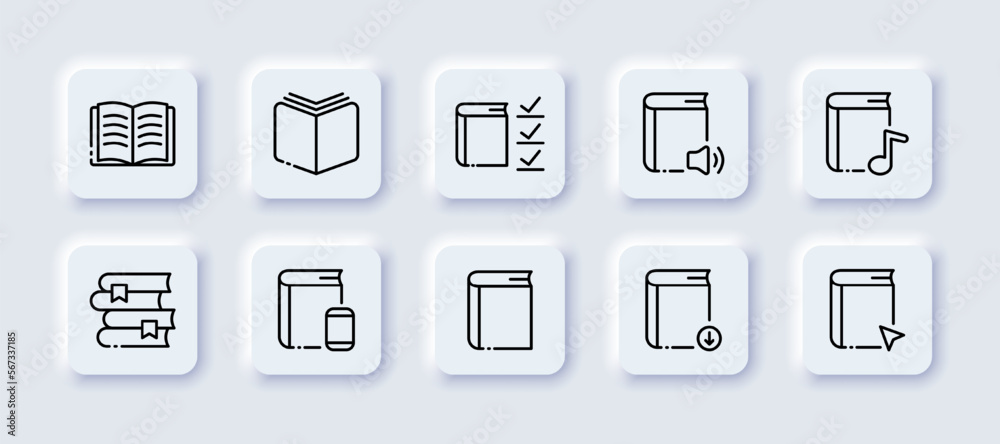 Books neomorphic icons set. Print, neomorphism, study, knowledge, education, audio, electronic, work, smartphone, library, online, download, open. Literature concept. Vector neomorphic set icons Books neomorphic icons set. Print, neomorphism, study, knowledge, education, audio, electronic, work, smartphone, library, online, download, open. Literature concept. Vector neomorphic set icons
