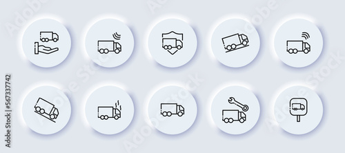 Trucks neomorphic icons set. Neomorphism, delivery, car, product, transport, sign, reliability, descent, rise, repair, business, sales. Cargo transportation concept. Vector neomorphic line icons set