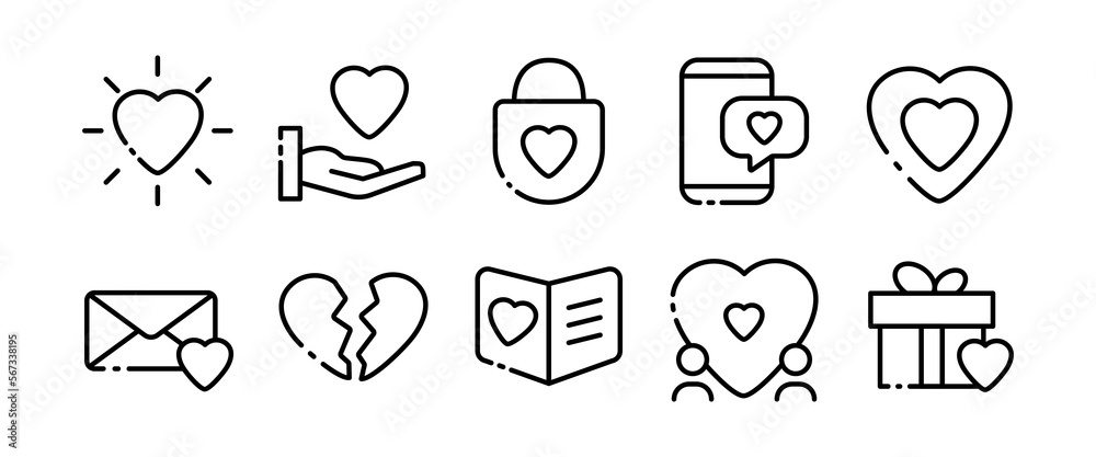 love line icons set. Voting, hand, lock, gift, speaker, mouthpiece, announcement, important information, events. communication concept. Vector black line icons set on white background love line icons set. Voting, hand, lock, gift, speaker, mouthpiece, announcement, important information, events. communication concept. Vector black line icons set on white background