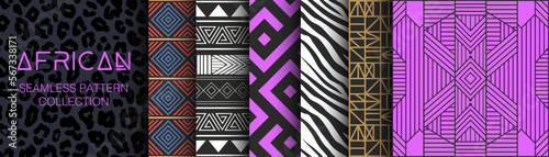 Collection of African Seamless Patterns. Geometry, textures and signs. Ethnic aesthetic and ornaments inspired by Africa. Tribal designs, folk artworks and native style graphics. Black culture.