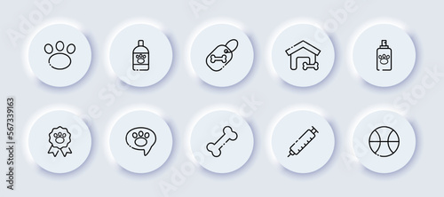 Pets neumorphic line icons set. Award, vaccination, animal show, booth, veterinary clinic, ball, toys, bottle, paw, tag, spray. caring concept. Vector neumorphic black line icons set