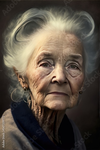 Generative AI illustration close up portrait of old woman with while hair, natural light, sharp, detailed face, magazine, press, photo
