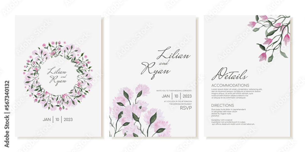 Wedding invitation with delicate pink flowers, magnolia and peonies. Vector template