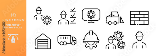 Construction line icons set. Builder, editable stroke, foreman, tasks, warehouse, settings, helmet, computer, bulldozer, tractor, wall, brick. infrastructure concept. Vector line icons set