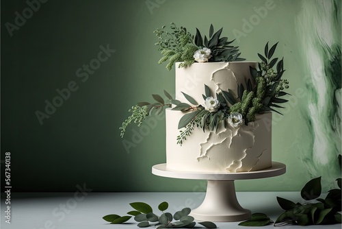 Generative AI illustration of rustic style wedding cake decorated with greenery and flowers in green studio background