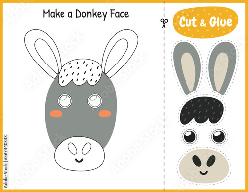 Make a donkey face funny game for kids. Cut and glue educational activity page. Matching game with farm character. Vector illustration