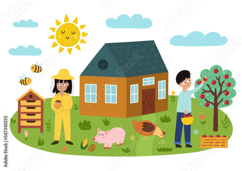 Farm landscape in cartoon style with a house, boy picking up apples, girl beekeeper and pig. Summer green meadow print isolated on white. Outdoor garden background. Vector illustration