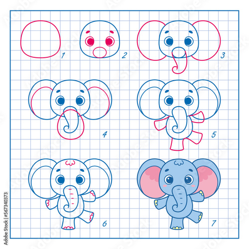 How to Draw Cute Elephant, Step by Step Lesson for Kids cartoon vector illustration