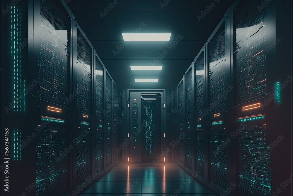 Generative AI illustration of dark servers data center room with computers and storage systems and glowing elements Generative AI illustration of dark servers data center room with computers and storage systems and glowing elements