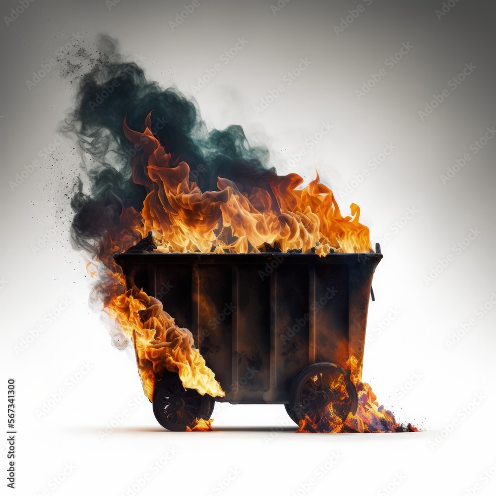 Burning garbage out of control dumpster fire isolated on a white