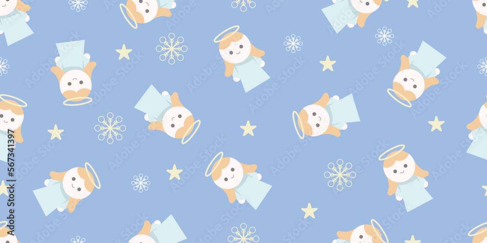 Cute pastel star light sky and baby angel doodle pattern