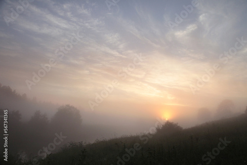 Morning rural landscape with fog.