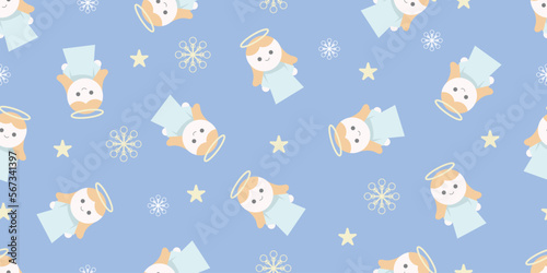 Cute pastel star light sky and baby angel doodle pattern