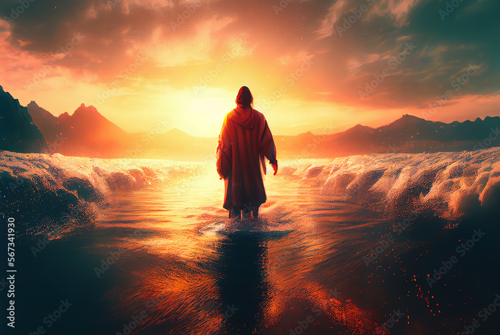 The figure of Jesus walks on water on a sunny background. Ai generative