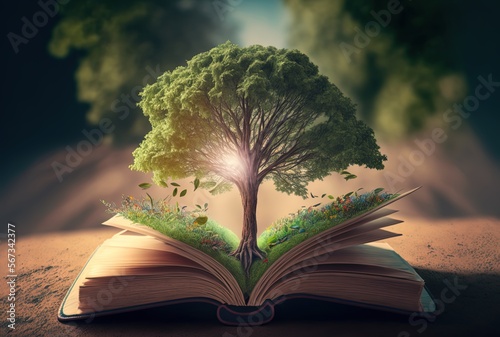 book opened on ground with tree pop out from the page, reduce and recycle paper usage for reserve tree and forest, Generative Ai photo