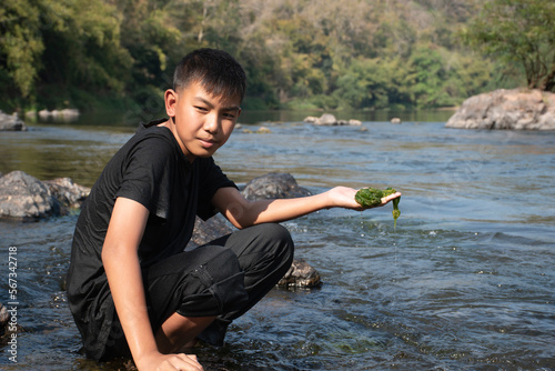 Asian boy student in black t-shirt holding freshwater algae from his diving into the river and pulling it up to study the fertility of the river's nature and to do environment school project work photo