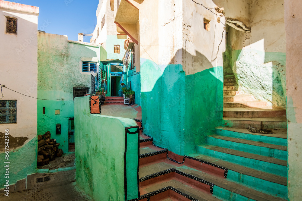 Colorful street, square and stairs in Moulay Idriss, Morocco, Africa Colorful street, square and stairs in Moulay Idriss, Morocco, Africa