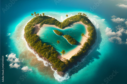 Paradise Island in the form of a heart. Generative AI.