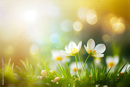 Spring nature banner with grass, flowers and bokeh glow in sunny day. Created with Generative AI technology.