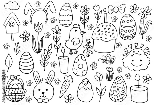 Hand drawn set for easter. Big cute collection in doodle style. Vector illustration