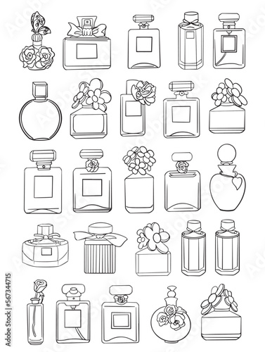 Perfume bottle vector pattern, linear black and white sketch, beautiful vintage glass