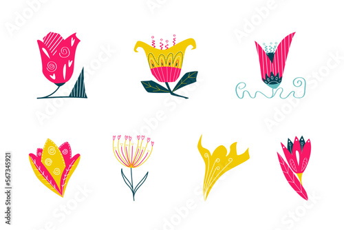 Full set of folk flowers, buds and foliages for easter theme. Pink and yellow colors. 