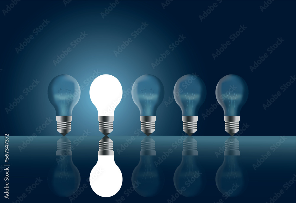 vector with light bulbs standing in a row. illustration with one glowing light bulb among dimmed light bulbs vector with light bulbs standing in a row. illustration with one glowing light bulb among dimmed light bulbs