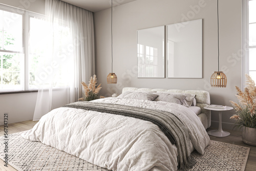 Vertical two frame mockup in boho bedroom interior with wooden floor and white bed. Beige blanket, cushion and dried grass. Basket and wicker lamp on wall. 3d rendering. High quality 3d illustration