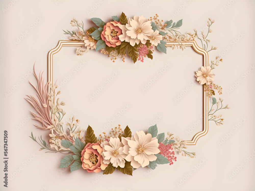 Empty Elegant Wedding Floral Frame on Beige Background, created by Generative AI