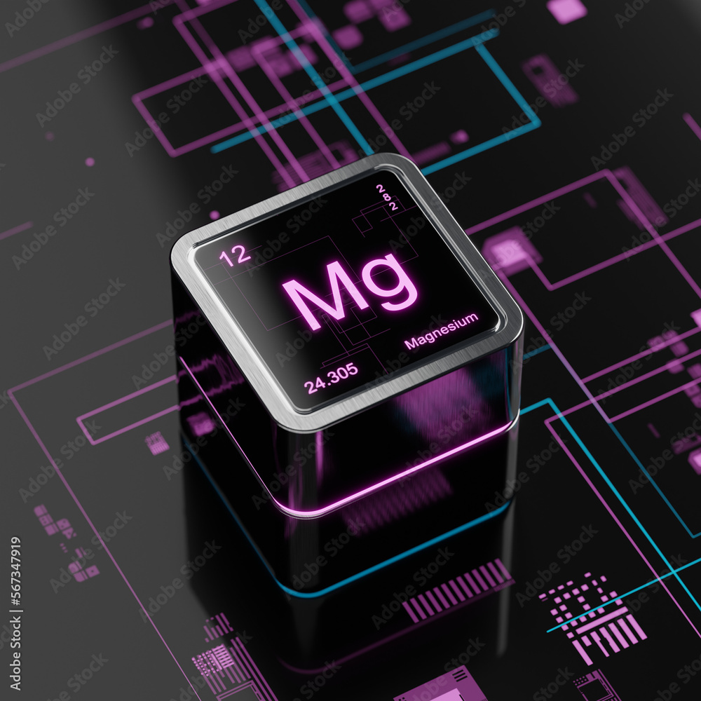 Magnesium element symbol in periodic table, metallic cube with LCD