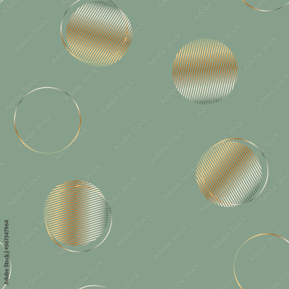 Fototapeta premium Seamless geometric vector pattern with metallic circles on light green backdrop. Silver or golden gradient shapes is perfect for gift decoration, stationery, wrapping paper, prints, cards and posters