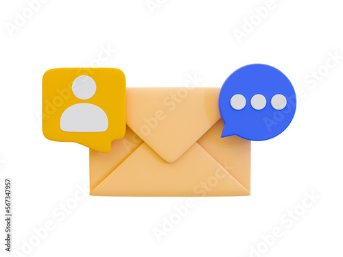 3d minimal online communication concept. Social network. Online connection. Mail icon with a contact and message icon. 3d illustration.