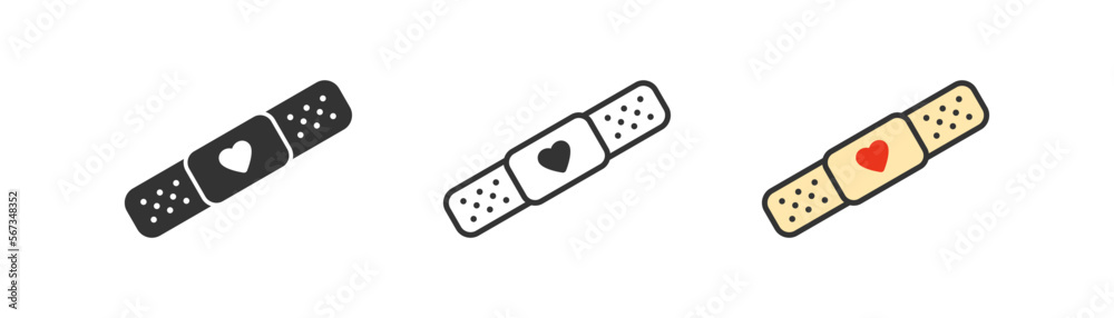 Adhesive plaster with heart icon on light background. Emergency, first aid symbol. Wound cure sign. Outline, flat, and colored style. Flat design. Vector illustration. Adhesive plaster with heart icon on light background. Emergency, first aid symbol. Wound cure sign. Outline, flat, and colored style. Flat design. Vector illustration.