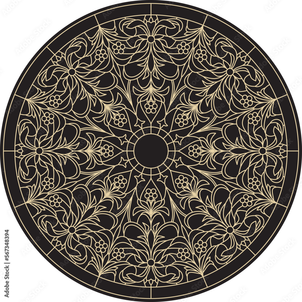Vector round golden classic ornament. A circle with a europe gold pattern on the black background. Ceiling decoration, ancient Rome, Greece Vector round golden classic ornament. A circle with a europe gold pattern on the black background. Ceiling decoration, ancient Rome, Greece