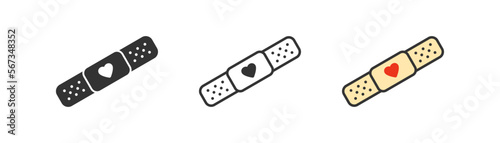 Adhesive plaster with heart icon on light background. Emergency, first aid symbol. Wound cure sign. Outline, flat, and colored style. Flat design. Vector illustration.