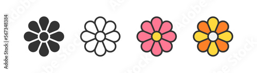 Retro flower icon on light background. Vintage hippie symbol. Hipster concept. Clipart element sign. Outline, flat, and colored style. Flat design. Vector illustration.