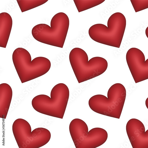 Repeating pattern of red hearts 3d on a white background