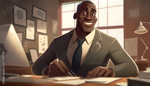 African-American man working in his office black history month celebration cartoon style illustration generative ai