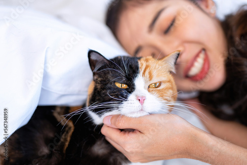 Fototapeta Naklejka Na Ścianę i Meble -  Young beautiful cat lover working woman with cute cat lying in bed at home and having fun on bed