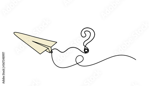 Abstract color paper plane with question mark as line drawing on white