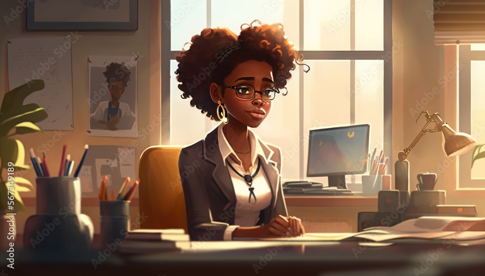 African-American woman working in his office black history month celebration cartoon style illustration generative ai African-American woman working in his office black history month celebration cartoon style illustration generative ai