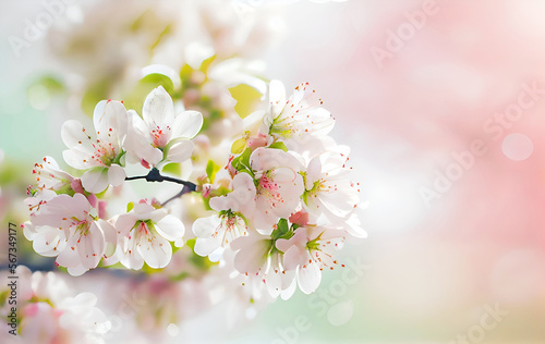 Sakura cherry blossom in spring, banner in pastel colors with bokeh delicate effect. Created with Generative AI technology..