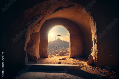 Jesus Christ tomb. Easter background created with generative Ai technology