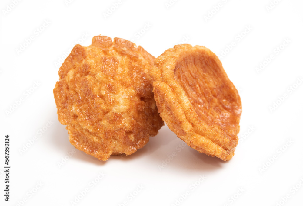 Japanese snack food. Fried crispy rice crackers isolated on white background Japanese snack food. Fried crispy rice crackers isolated on white background