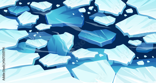 Atlantic, antarctic floes, glaciers and icebergs floating on surface. Isolated masses of cracked ice. Global warming, climate change. Frozen blue water. View from above.