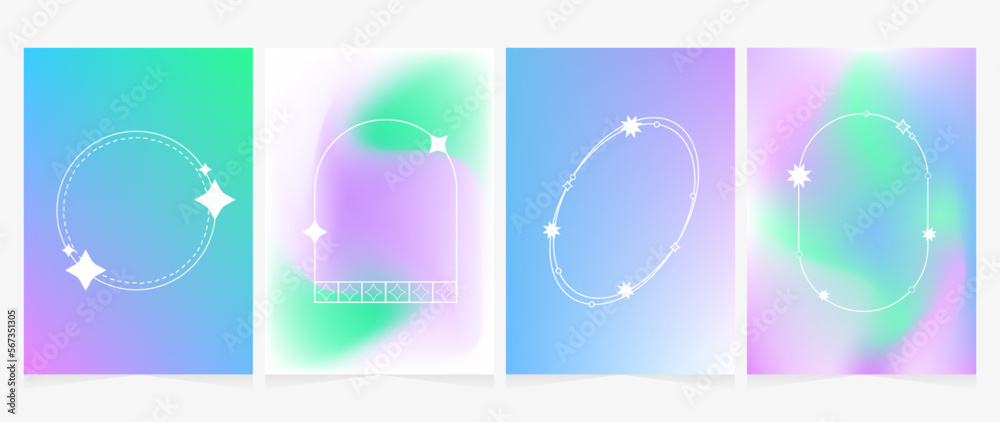Set of vector gradients. In blue-violet colors. Posters with frames and stars. Suitable for flyers, covers, wallpapers, screensavers, branding and other projects.
