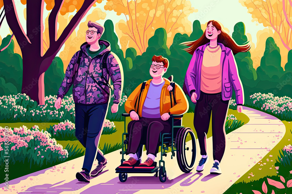 A disabled person in a wheelchair with friends walks through the park ...