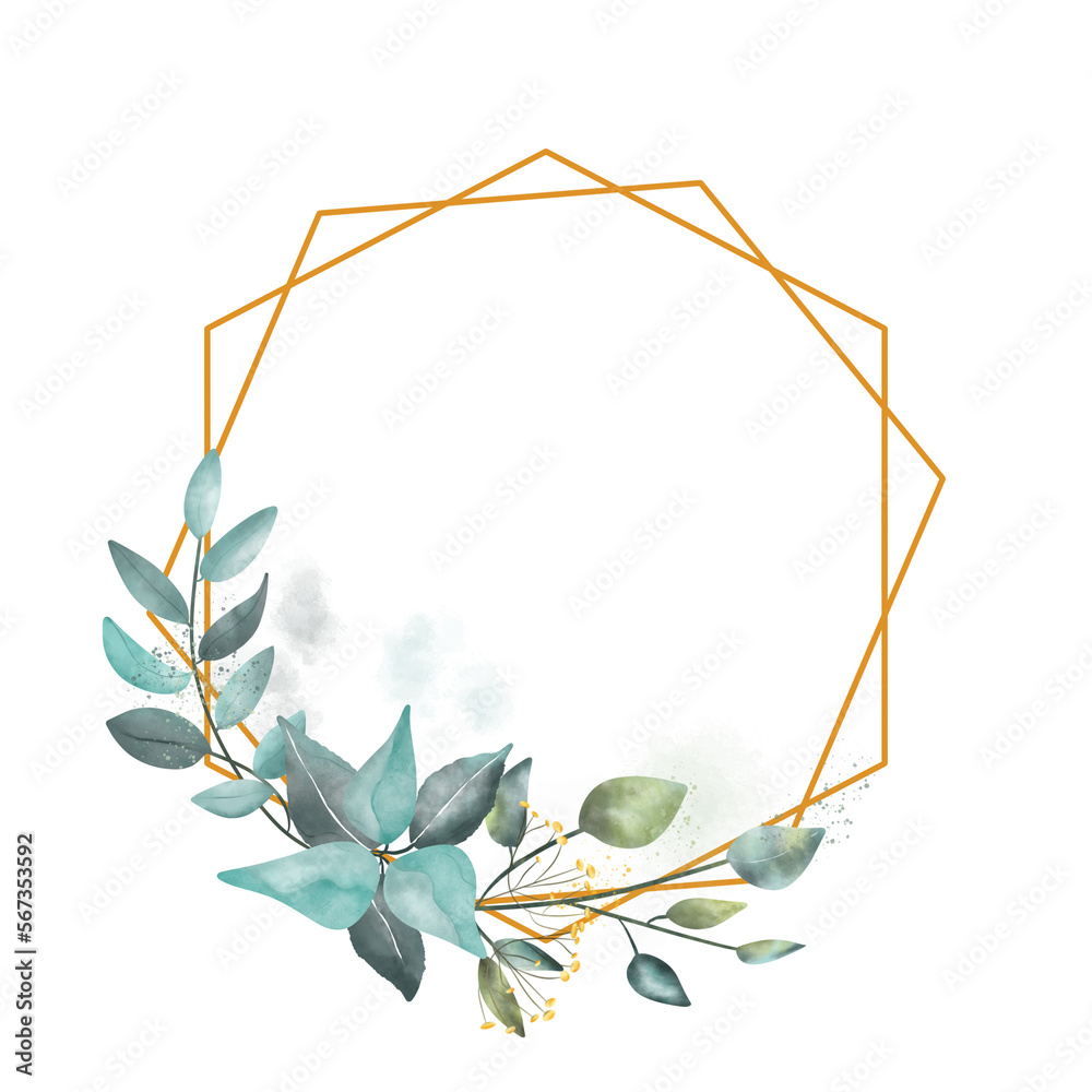 Leaf wreath / frame watercolor with gold geometric shape, for wedding ...