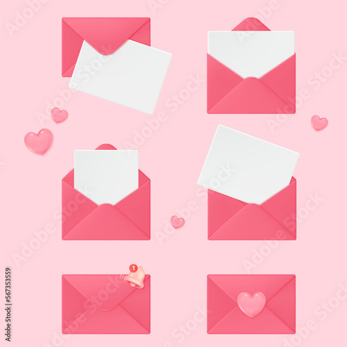 Set of pink envelopes with letter, heart, notification bell, isolated 